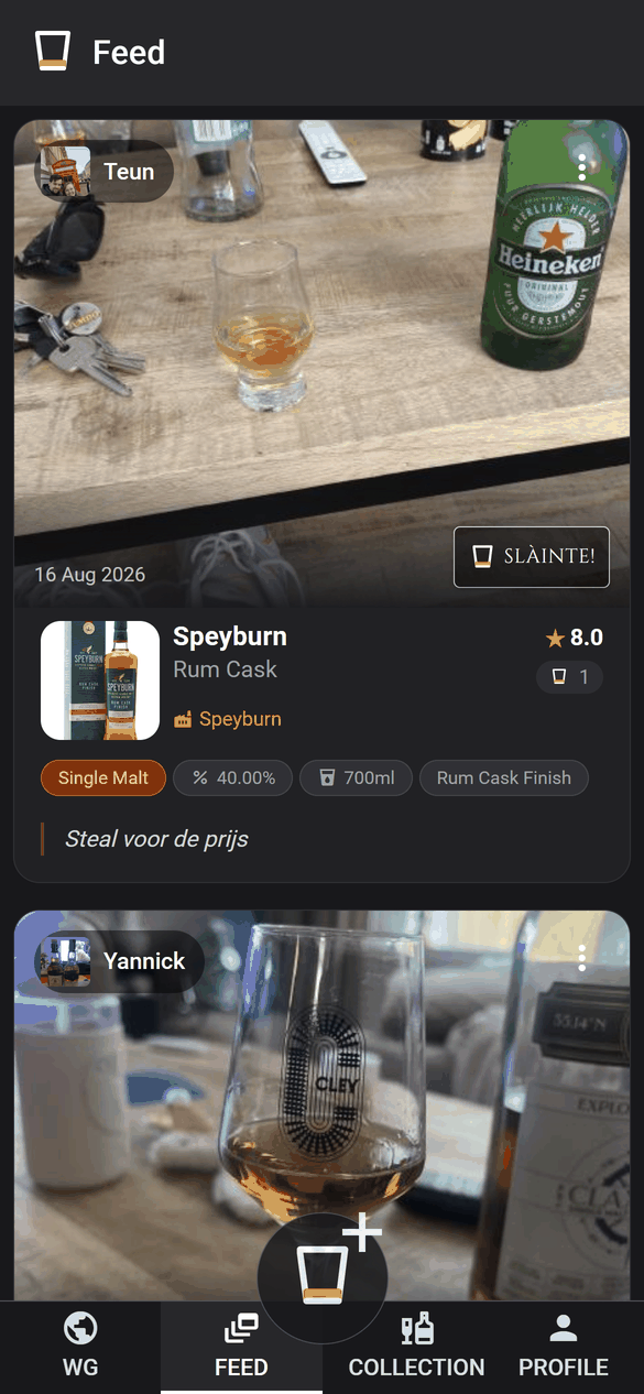 The Whisky Guru feed showing a friend's check-in with a photo, rating and tasting note