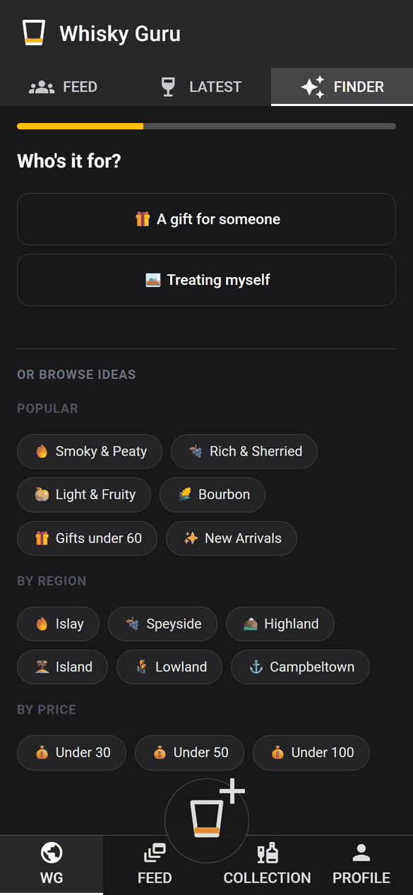 The Whisky Finder asking who the bottle is for, with shortcuts by flavour, region and price