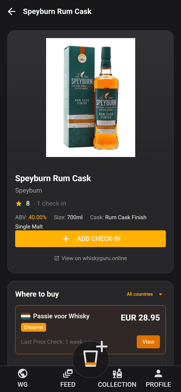 A whisky page in the app showing the bottle, its strength and shops compared cheapest first